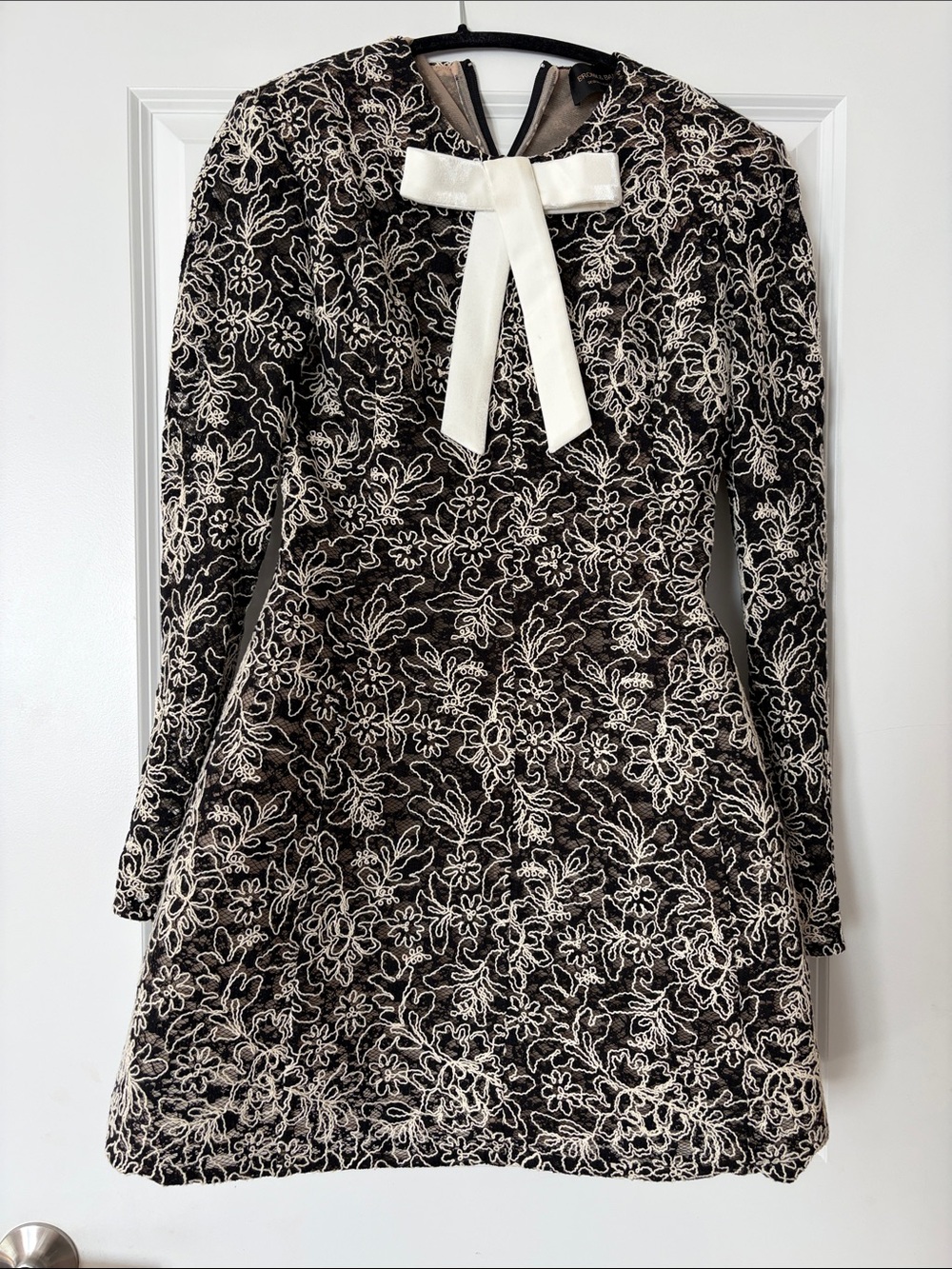 Bronx and Banco Black Floral Courtney dress with Ivory Bow M